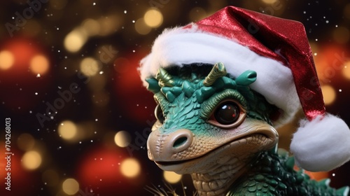  a close up of a toy lizard wearing a santa hat with a boke of christmas lights in the background. © Jevjenijs