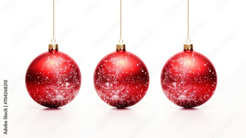 three red christmas baubles hanging from a string on a white background with space in the middle of the bauble. three red christmas baubles hanging from a string on a white background with space in the middle of the bauble.