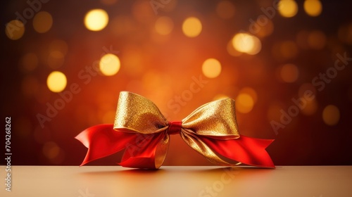  a close up of a red ribbon with a gold bow on top of a table with lights in the background.