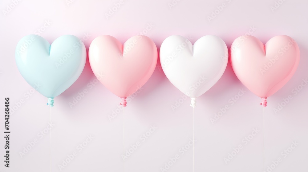  a row of balloons in the shape of heart on a pink and blue background with a string attached to them.