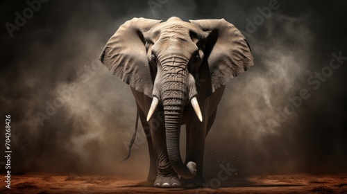  an elephant with tusks standing in front of a dark background with steam coming out of its tusks.