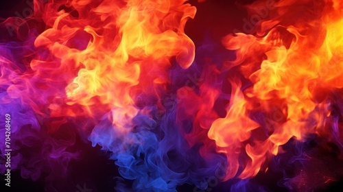  a bunch of red, orange, and blue smoke is on a black background with a black background behind it.