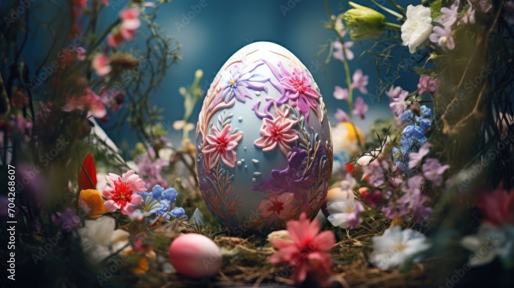  a close up of a decorated easter egg in a field of flowers and grass with a blue sky in the background.