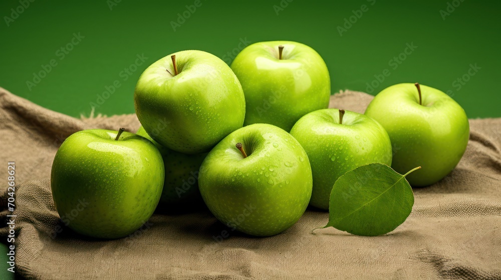 a pile of green apples sitting on top of a burlock of burlock of burlock of burlock of burlock. a pile of green apples sitting on top of a burlock of burlock of burlock of burlock of burlock.