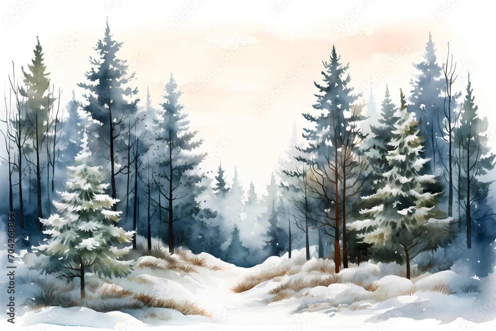 Winter landscape with pine trees in watercolor style. Snow-covered spruce forest. Christmas mood