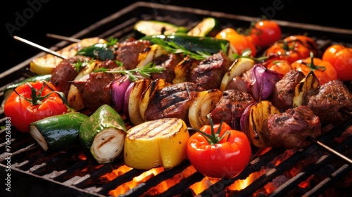  a grill topped with lots of different types of meat and veggies on skewered skewers.