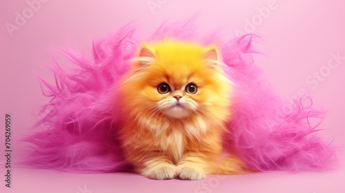  a fluffy orange cat with pink feathers on it's head sitting on a pink surface with a pink background.