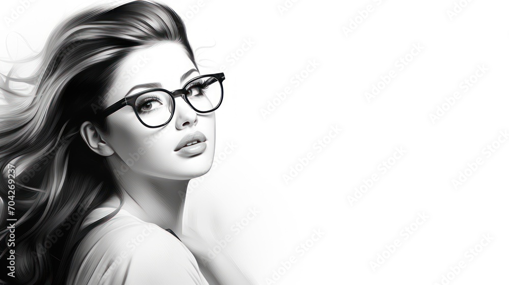 a black and white photo of a woman with long hair, glasses, and a t - shirt over her shoulder. a black and white photo of a woman with long hair, glasses, and a t - shirt over her shoulder.