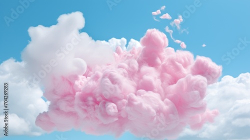  a cloud of pink smoke is in the air with a blue sky in the back ground and white clouds in the background.