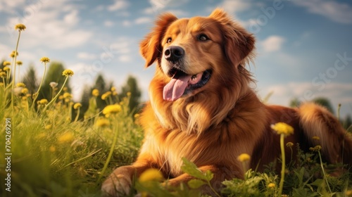  a close up of a dog laying in a field of grass and flowers with a blue sky in the background.