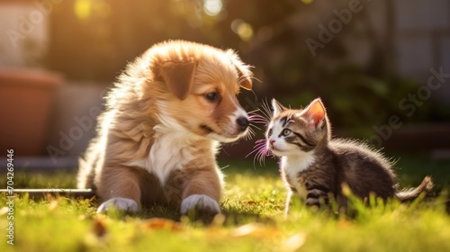  a puppy and a kitten are sitting in the grass and one is looking at the camera and the other is looking at the camera.