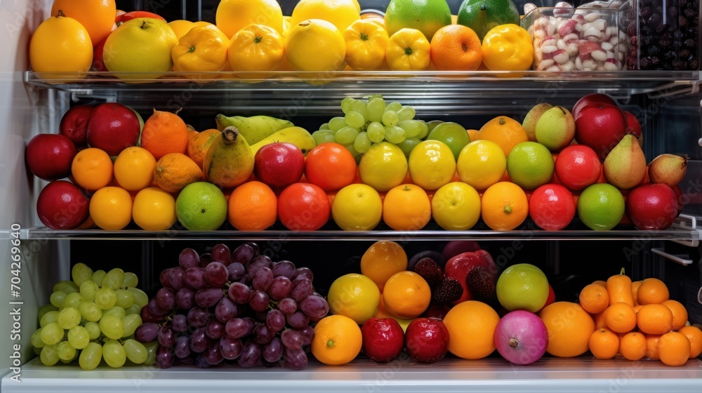  a display case filled with lots of different types of fruits and veggies on metal shelves next to each other.