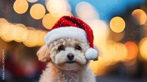  a small white dog wearing a red and white santa hat with a red and white pom pom on it's head. photo