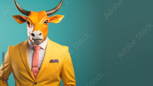  a man in a yellow suit with a bull's head wearing a red tie and a yellow blazer.