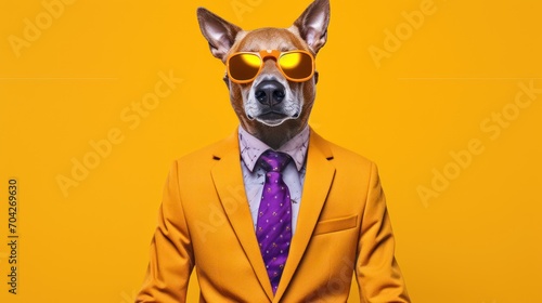  a dog wearing a suit and tie with sunglasses on it's head, standing in front of a yellow background. © Jevjenijs