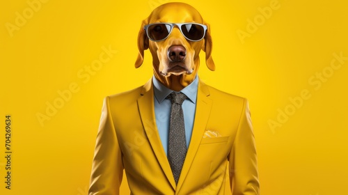  a dog in a suit with sunglasses on it's head, wearing a tie and a pair of sunglasses.