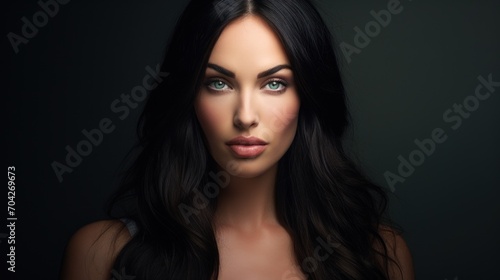  a woman with long black hair and blue eyes is posing for a picture in a dark room with a black background.