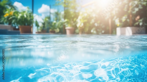  a pool with clear blue water and potted plants on the side of the pool and the sun shining on the water.