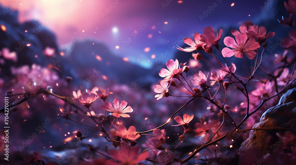autumn leaves in the forest, colorful, abstract background of the universe. The universe's planets, galaxies, sky, and stars Pink flowers on an abstract background with a starry night sky
