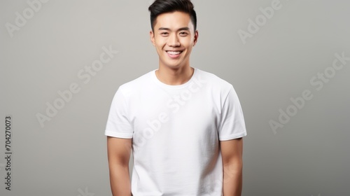  an asian man in a white t - shirt smiles at the camera with his hands in his pockets while standing against a gray background.