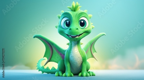  a little green dragon sitting on top of a blue floor next to a blue sky and a cloud filled sky. © Jevjenijs