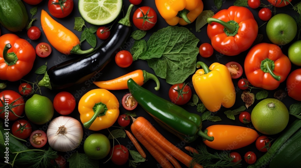  a bunch of different types of vegetables on a black surface with limes, tomatoes, peppers, cucumbers, and more.