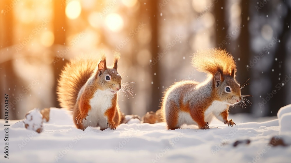  two red squirrels walking in the snow in front of a forest with snow falling on the ground and trees in the background.