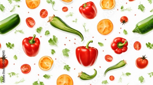  a pattern of tomatoes, peppers, and oranges on a white background with green leaves and a red pepper.