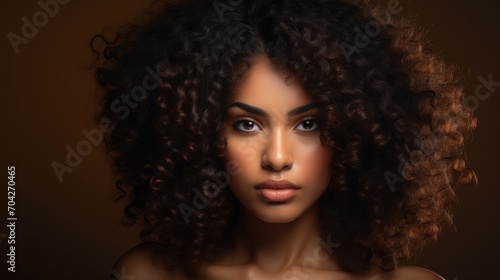  a close up of a woman's face with a curly afro hairstyle and blue eyes and a brown background.
