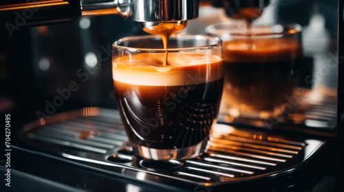  an espresso machine is filling a cup of liquid into a glass with liquid coming out of the top.