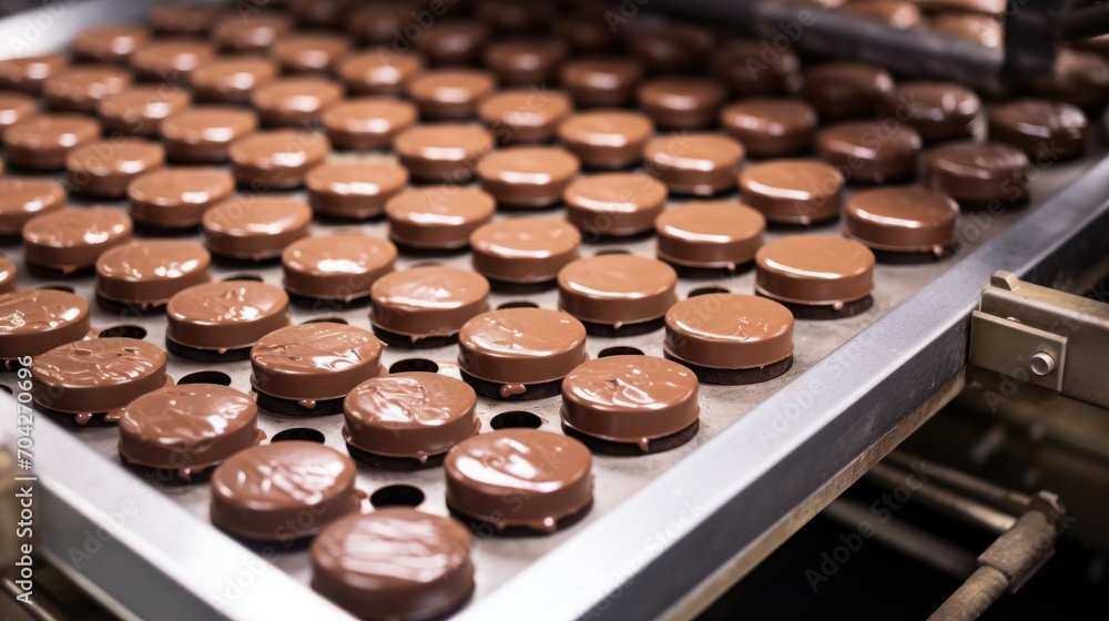 a conveyor belt with rows of chocolate candies on the conveyor belt and a conveyor belt with rows of chocolate candies on the conveyor belt. a conveyor belt with rows of chocolate candies on the conveyor belt and a conveyor belt with rows of chocolate candies on the conveyor belt.