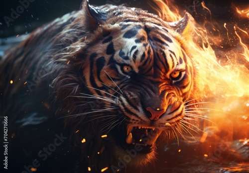  a close up of a tiger on fire with it's mouth open and it's mouth wide open. © Jevjenijs