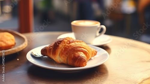  a white plate topped with a croissant next to a cup of coffee and a plate of croissants.