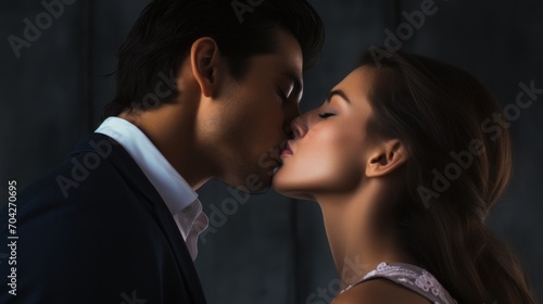  a man and woman kissing each other in front of a dark background with the woman's face close to the man's face.