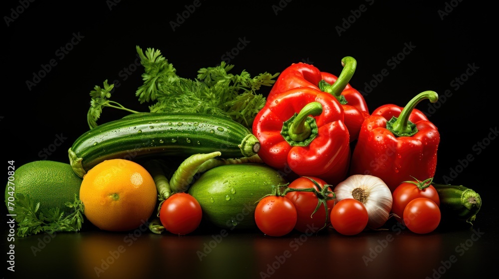 a pile of vegetables sitting next to each other on top of a black surface with a black background behind them. a pile of vegetables sitting next to each other on top of a black surface with a black background behind them.