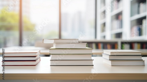 Eager microstock contributor offers optimized photos of a white table with books and stationery on popular platforms like Shutterstock and iStock for maximum sales and discoverability. photo