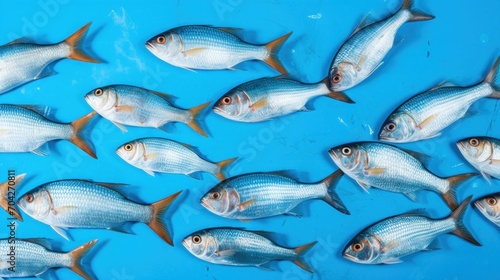  a group of fish swimming next to each other on top of a blue surface with one fish in the middle of the group.