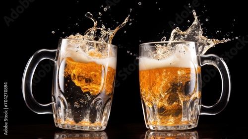 two mugs of beer with ice and water splashing out of them, on a table, against a black background.