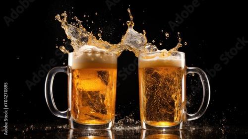  two mugs of beer with water splashing out of the top and on the bottom of the mugs.