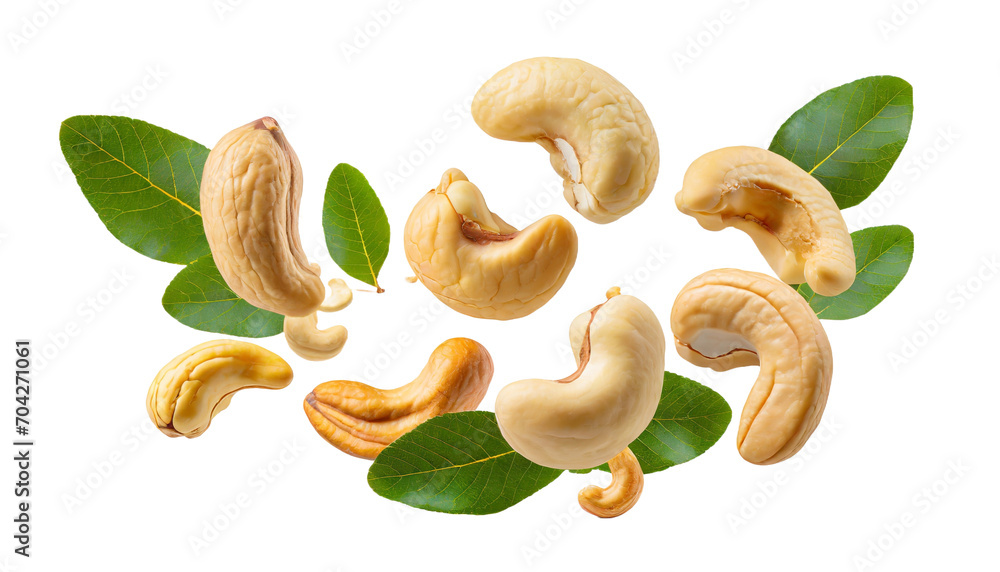 Falling cashew nuts isolated on white background - obrazy, fototapety, plakaty 