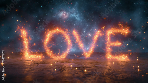 Fiery Love Concept with Sparkling Stars in Cosmic Night