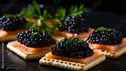 Closeup of natural black caviar served on cracker