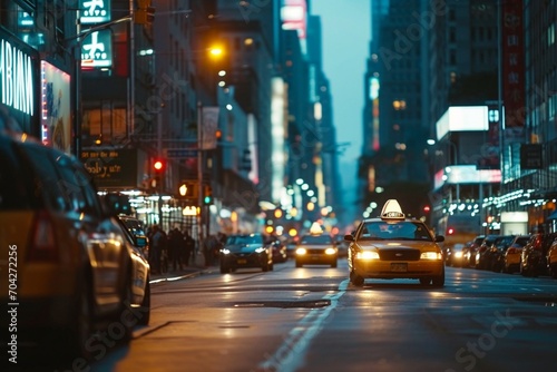 A lively city street at dusk with neon neon yellow veins in the lights and architecture,