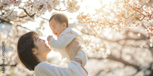 桜の咲く公園で赤ちゃんを抱える母親 photo