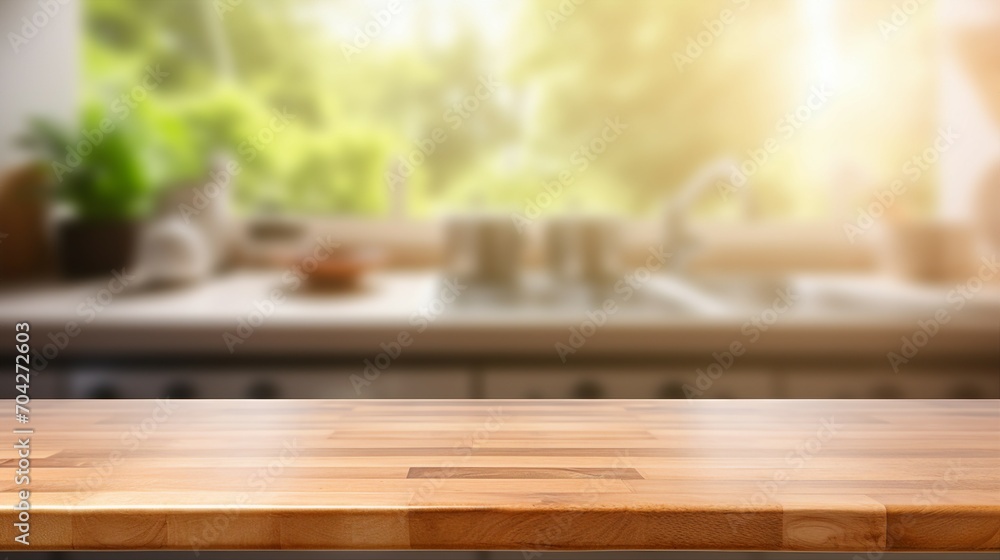 Captivating Modern Wood Tabletop with Beautiful Blur Bokeh, Ideal for Home Interiors and Contemporary Design Concepts.