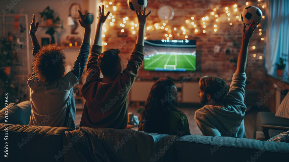 Back view group of young friends watching football match from television at home. Young people cheering sport tournament live broadcast together. - obrazy, fototapety, plakaty 