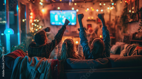 Back view group of young friends watching football match from television at home. Young people cheering sport tournament live broadcast together.