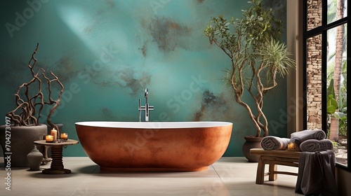 Bathroom with copper bathtub and green marble walls photo