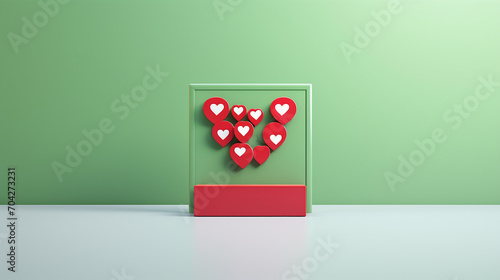 one red social media notification love like heart pin icon pop up 3D rendering on green background photo