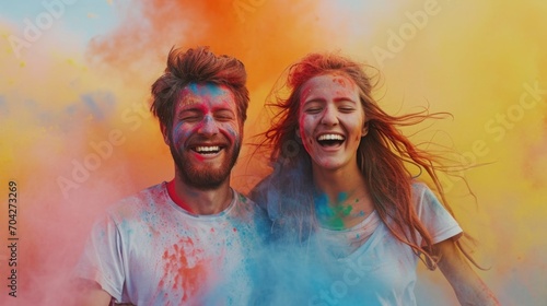 Holi festival. women and men in paint are smiling. cheerful young multiethnic friends with colorful paint on clothes and bodies having fun together at holi festival.